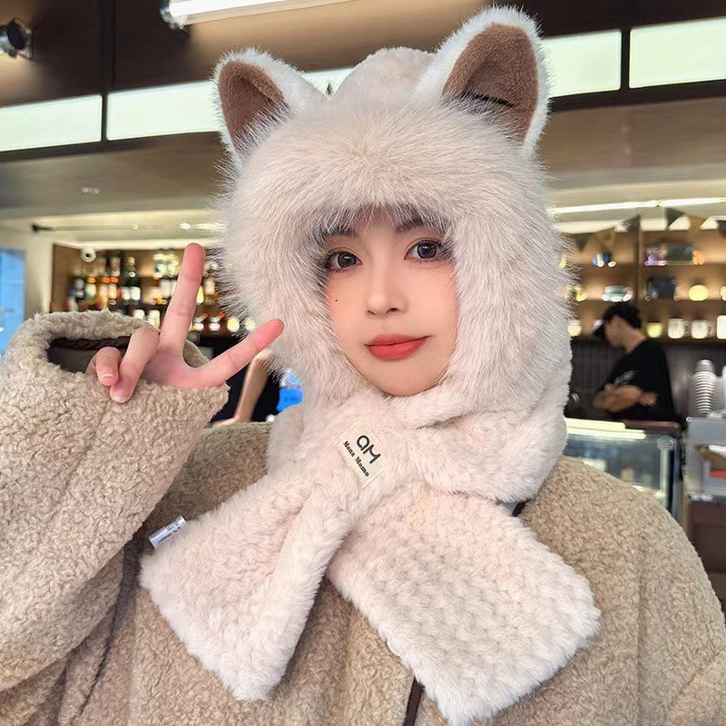 Cute Plush Hat Scarf Set Winter Thickened One-Piece Ear Protection Cap